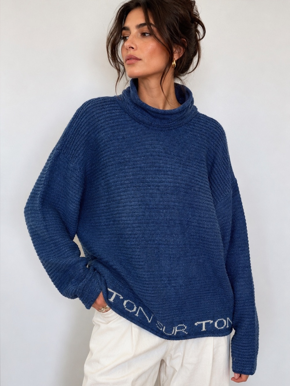 Vintage TON SUR TON Blue Textured Turtleneck Sweater Oversized 90s